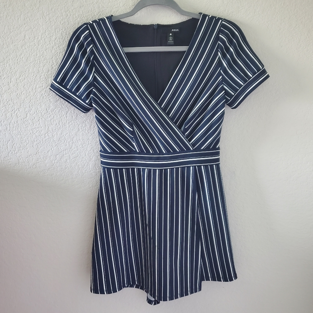 Aqua faux wrap stripped skort overlay romper